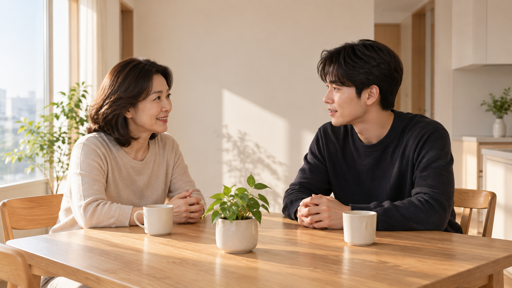 밝은 한국 아파트 식탁에서 함께 상담을 준비하며 대화하는 중년 여성과 성인 남성